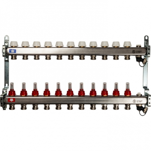 Коллектор из нержавеющей стали STOUT с расходомерами, с клапаном вып. воздуха и сливом 11 вых. купить в интернет магазине Санрай73