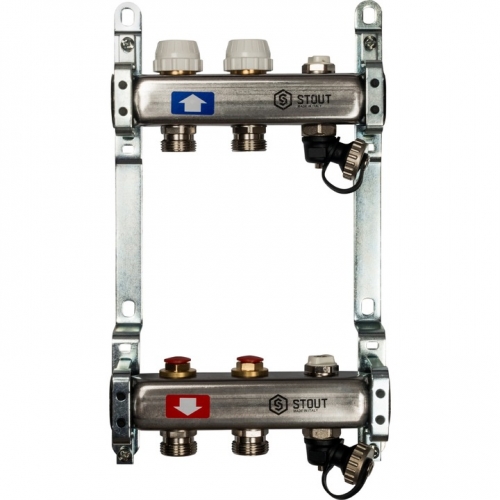 Коллектор из нержавеющей стали STOUT без расходомеров, с клапаном вып. воздуха и сливом 2 вых. купить в интернет магазине Санрай73