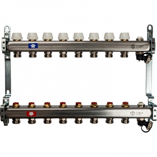 Коллектор из нержавеющей стали STOUT без расходомеров, с клапаном вып. воздуха и сливом 8 вых. купить в интернет магазине Санрай73