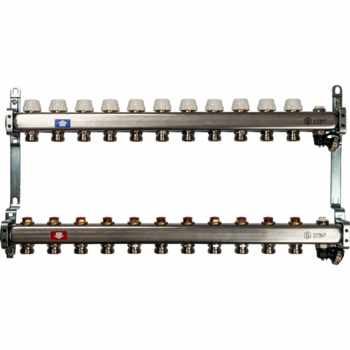 Коллектор из нержавеющей стали STOUT без расходомеров, с клапаном вып. воздуха и сливом 11 вых. купить в интернет магазине Санрай73