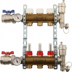 Распределительный коллектор STOUT из латуни с расходомерами 3 вых.