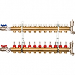Распределительный коллектор STOUT из латуни с расходомерами 11 вых.