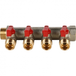 Коллектор с шаровыми кранами STOUT 3/4", 4 отвода 1/2" (красные ручки)