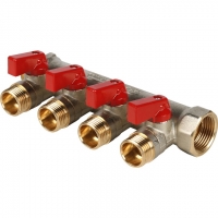 Коллектор с шаровыми кранами STOUT 3/4", 4 отвода 1/2" (красные ручки)