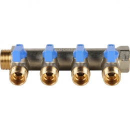 Коллектор с шаровыми кранами STOUT 3/4", 4 отвода 1/2" (синие ручки)