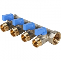 Коллектор с шаровыми кранами STOUT 3/4", 4 отвода 1/2" (синие ручки)