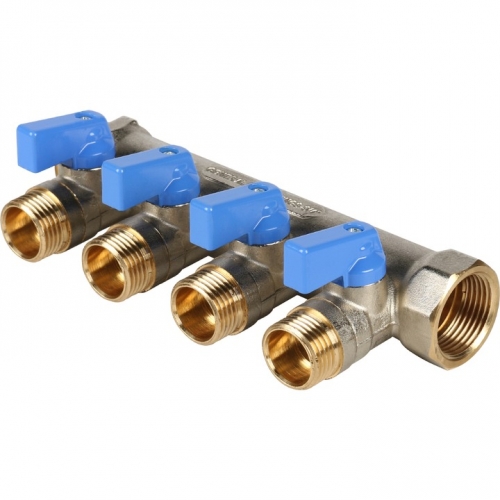 Коллектор с шаровыми кранами STOUT 3/4", 4 отвода 1/2" (синие ручки) купить в интернет магазине Санрай73