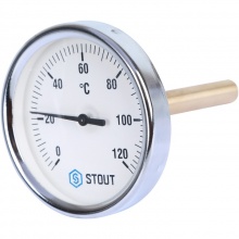 Термометр биметаллический STOUT SIM-0001 с погружной гильзой. Корпус Dn 80 мм, гильза 100 мм 1/2", 0...120°С
