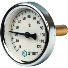 Термометр биметаллический STOUT SIM-0003 с погружной гильзой. Корпус Dn 63 мм, гильза 50 мм, резьба с самоуплотнением 1/2", 0...120°С