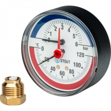 Термоманометр аксиальный STOUT SIM-0005 в комплекте с автоматическим запорным клапаном. Корпус Dn 80 мм 1/2", 0...120°C, 0-6 бар.
