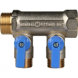 Коллектор распределительный Stout SMB-6201 3/4"х1/2" с 2 отводами, шаровые краны синие ручки