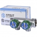 Коллектор распределительный Stout SMB-6849 3/4"х1/2" с 2 отводами, регулировочно-отсечные клапаны