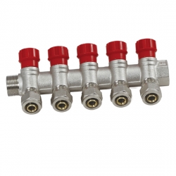 Коллектор распределительный 1"х16мм с 5 отводами Vieir VR605 с евроконусами, красные вентили