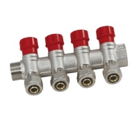 Коллектор распределительный 1"х16мм с 4 отводами Vieir VR604 с евроконусами, красные вентили