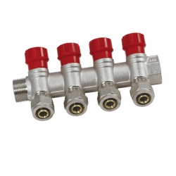 Коллектор распределительный 1"х16мм с 4 отводами Vieir VR604 с евроконусами, красные вентили