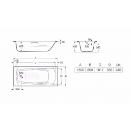 Ванна 180х80 стальная Roca SWING с ручками и ножками