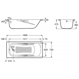 Ванна 170х70 стальная Roca PRINCESS +ручки+ножки