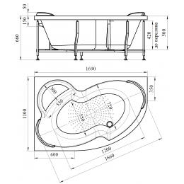 Ванна 169х110 акриловая Radomir Ирма правосторонняя, фронтальная панель, каркас