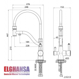 Смеситель для кухни Elghansa KITCHEN Pure Water 56B5337, выход для фильтра, гибкий излив, рычажный