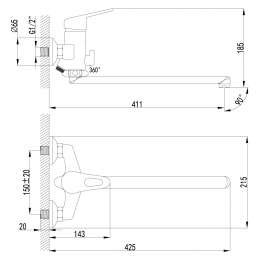 Смеситель для ванны Lemark Luna LM4151C, однорычажный, длинный излив, ручная лейка